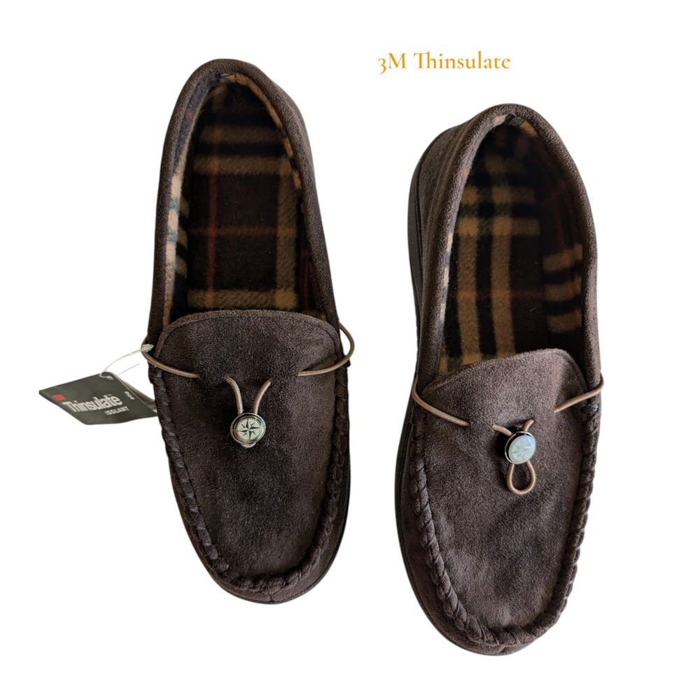 3M Thinsulate Weatherproof Moccasin Slippers Brown Plaid Lined Sz 9-10